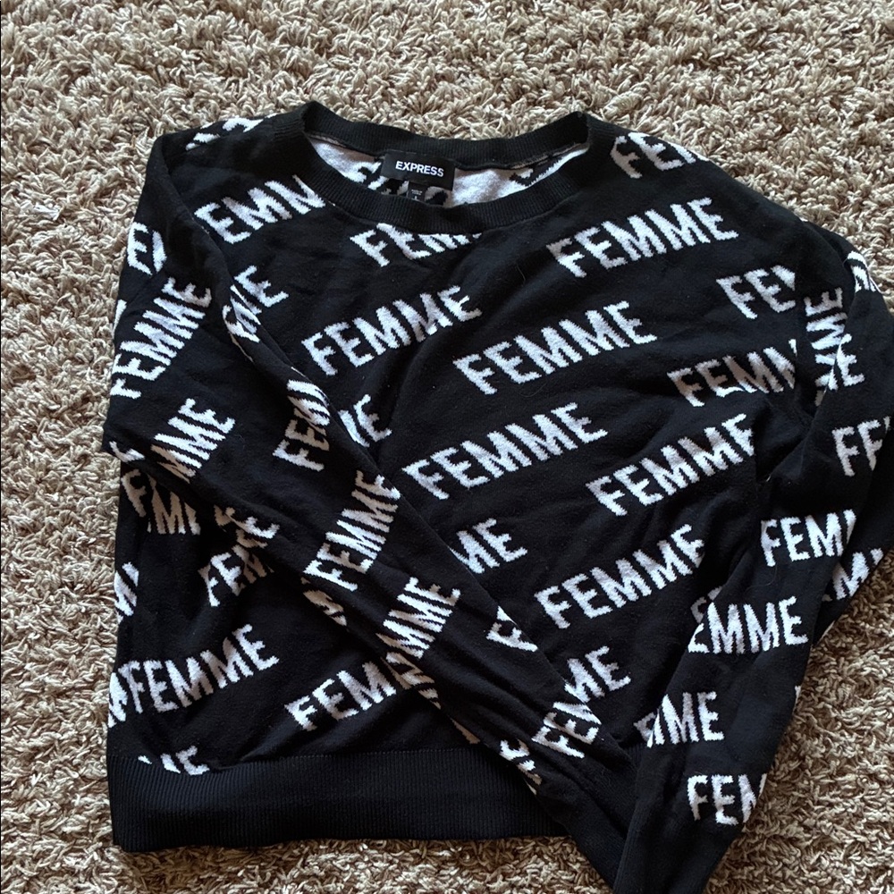 Express Black Sweater with White 'Femme' Design